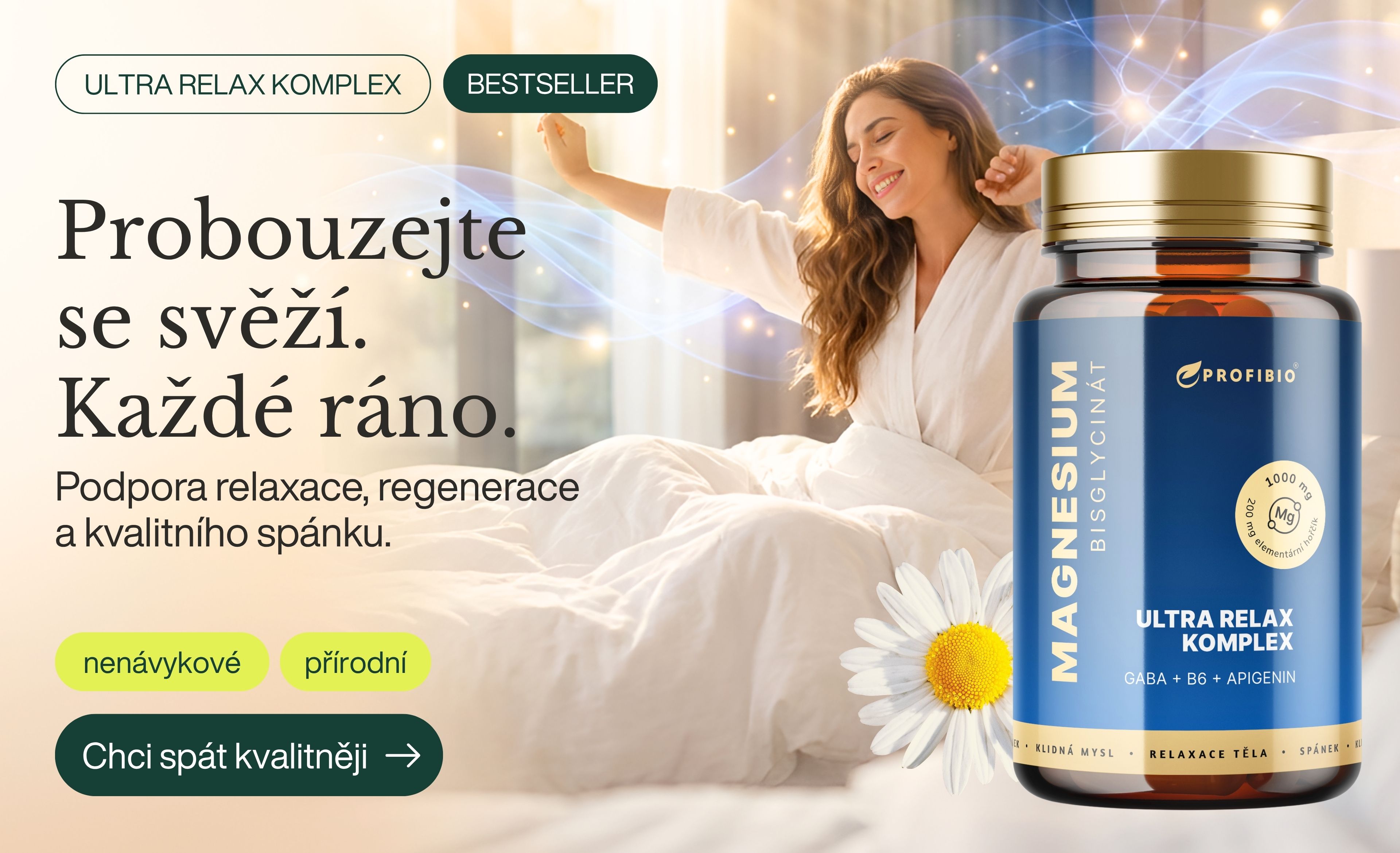 PREMIUM Magnesium bisglycinát ULTRA RELAX KOMPLEX (+ vitamín B6, GABA, Apigenin z heřmánku), 90 kapslí
